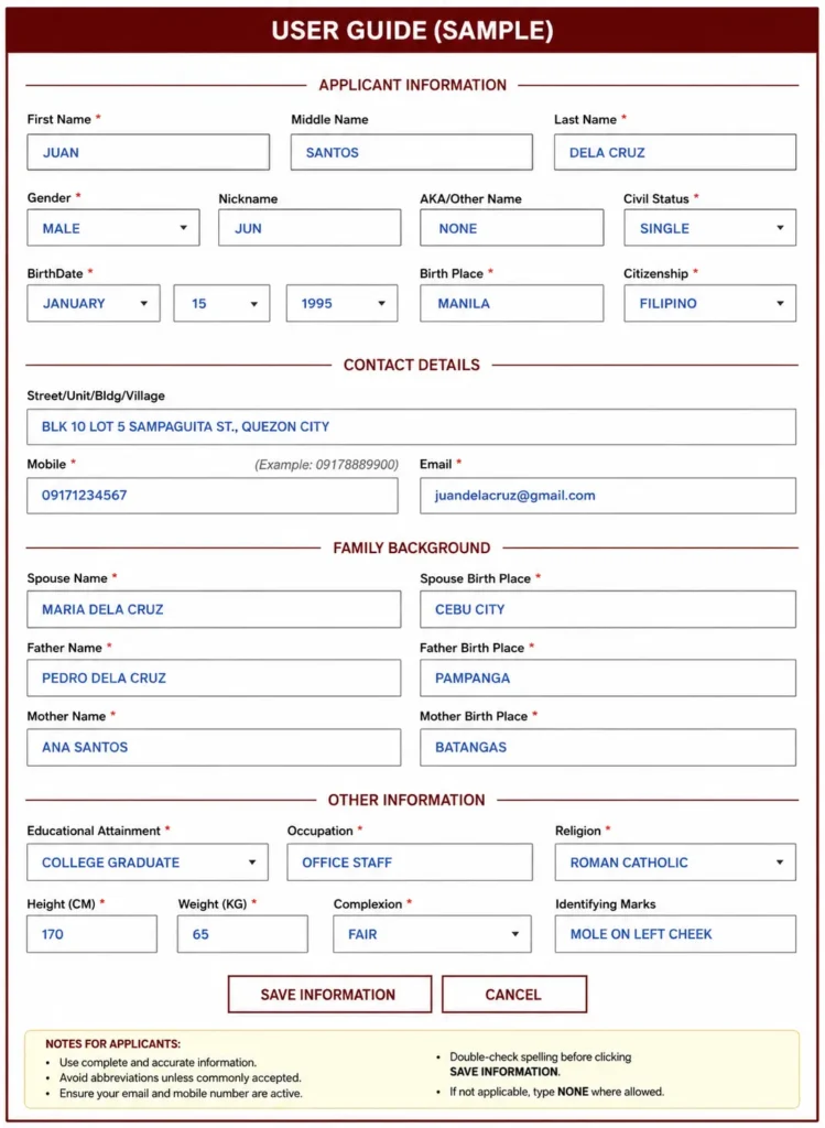 Philippines NBI Clearance Online Application & Renewal 2026 Sample image of fillied required information