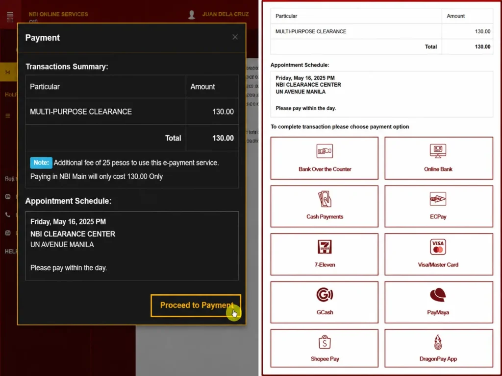 Philippines NBI Clearance Online Application & Renewal 2026 Selecting suitable payment option for NBI Clearance